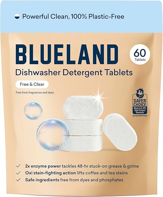 BLUELAND 100% Plastic-Free Dishwasher Detergent Tablets, 60 Count, Free & Clear, Eco-Friendly Dishwa